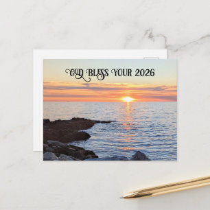 Cartão Postal De Festividades Deus Abençoe Foto do Pôr do Sol Dourado do Ano Nov