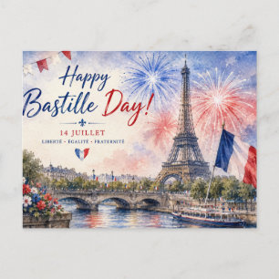 Cartão Postal De Festividades Dia da Bastilha fogos de artifício da Torre Eiffel