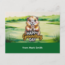 Cartão Postal De Festividades Dia da Marmota Feliz de Golfe para Golfista