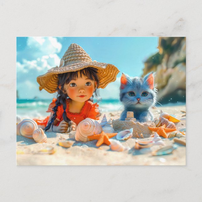 Cartão Postal De Festividades Dia da Praia com Conchas e um Gato (Frente)