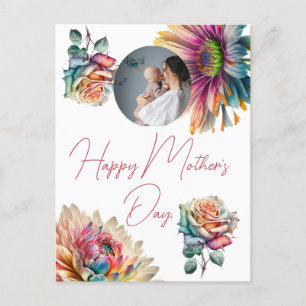 Cartão Postal De Festividades Dia de as mães feliz, simples flor, mãe e foto de