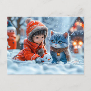 Cartão Postal De Festividades Dia de inverno mágico com garota e gato