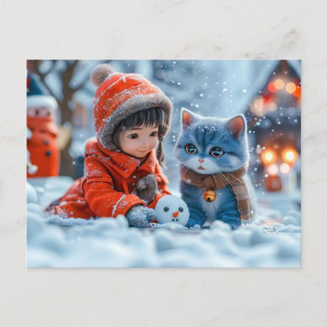 Cartão Postal De Festividades Dia de inverno mágico com garota e gato (Frente)