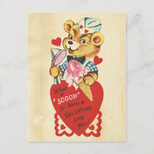 Cartão Postal De Festividades Dia de os namorados Retro Bear Kids Red Heart Pun 