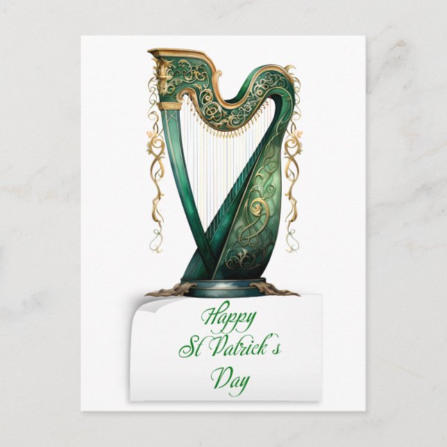 Cartão Postal De Festividades Dia de São Patrício Green Irish Harp (Frente)