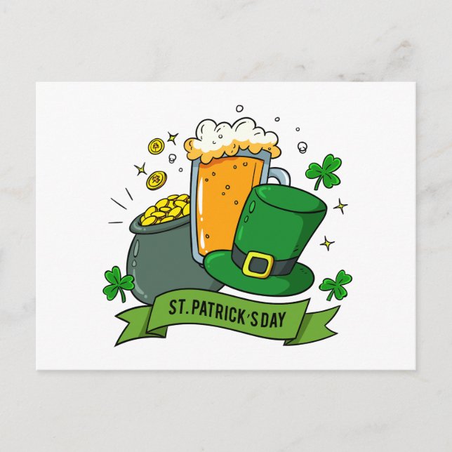 Cartão Postal De Festividades Dia de São Patrício Shamrock Dourado Beer Hat | Fe (Frente)