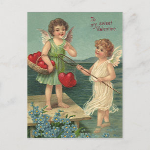 Cartão Postal De Festividades Dia dos Namorados Antigo, Anjos Pescando Corações