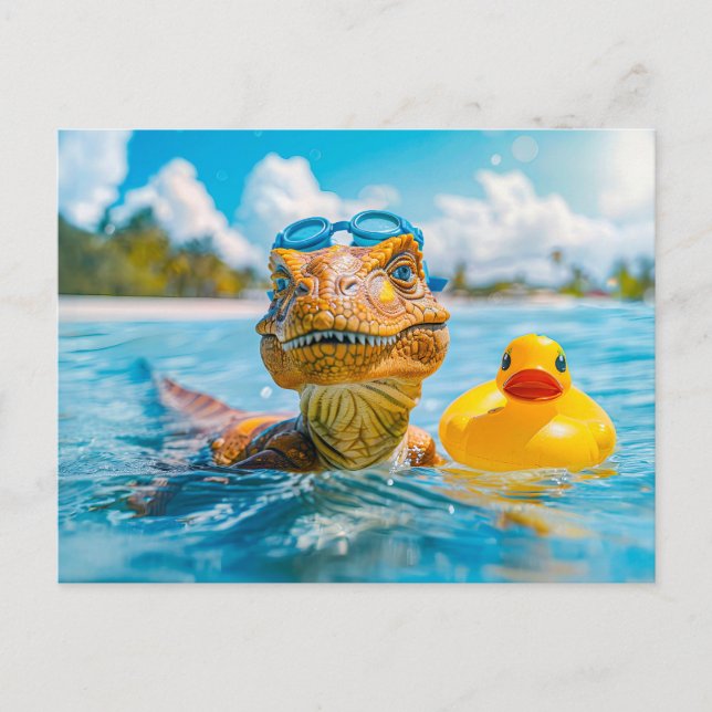 Cartão Postal De Festividades Dino Bathing com Pato de Borracha (Frente)