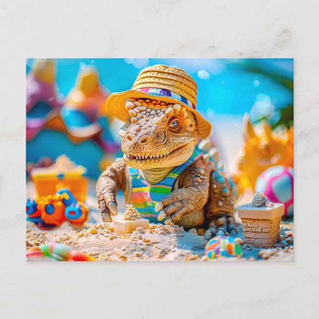 Cartão Postal De Festividades Dino Building Sandcastle em Praia (Frente)
