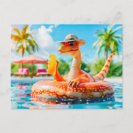Cartão Postal De Festividades Dino na Piscina com Cocktail