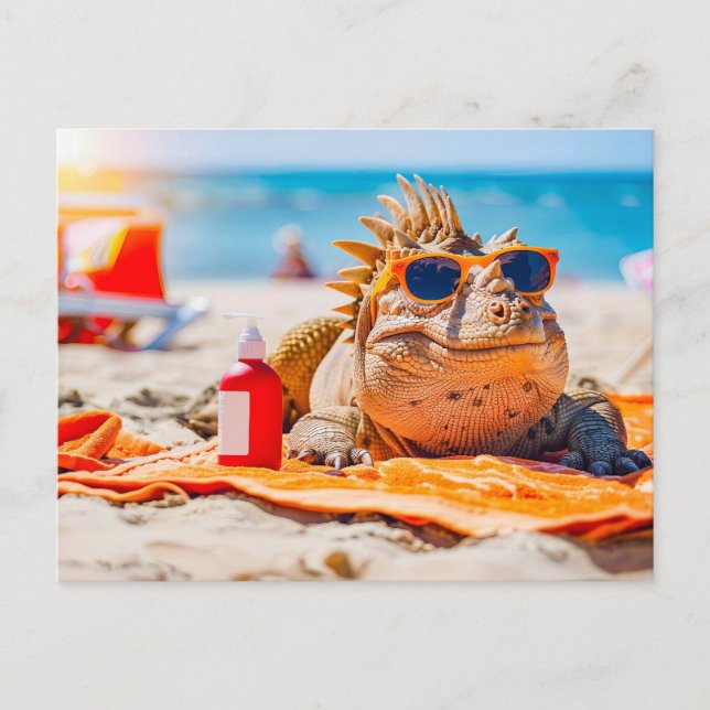 Cartão Postal De Festividades Dino Sunbelt na praia (Frente)