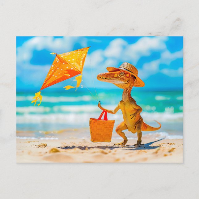 Cartão Postal De Festividades Dino Voando Kite em Praia (Frente)