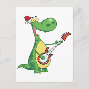 Cartão Postal De Festividades Dinosaur Plays Guitar with Santa Hat