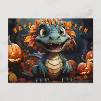 Cartão Postal De Festividades Dinossauro De Halloween Na Floresta Com Pumpkins