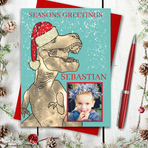 Cartão Postal De Festividades Dinossauro de Natal com Foto Personalizada