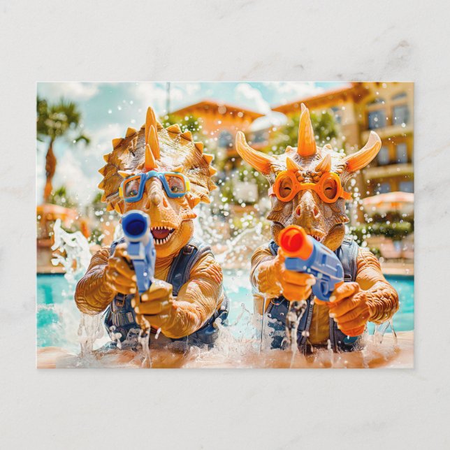 Cartão Postal De Festividades Dinossauros: Luta por Água na Praia (Frente)