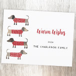 Cartão Postal De Festividades Diversão Dachshund Dog<br><div class="desc">Enchido de Dachshund,  bonito e adorável,  ou cães salsicha em camisolas festivas de malha vermelha e branca. Altere o nome e a saudação para personalizar. O reverso apresenta um pequeno cão correspondente. Arte original de Nic Squirrell.</div>