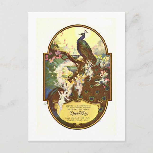 Cartão Postal De Festividades Djer Kiss Fairies e Peacock (Frente)