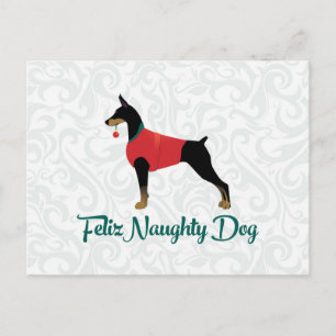 Cartão Postal De Festividades Doberman Pinscher Feliz Naughty Dog Christmas