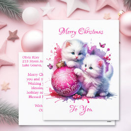 Cartão Postal De Festividades Doces White Kittens Natal Personalizado