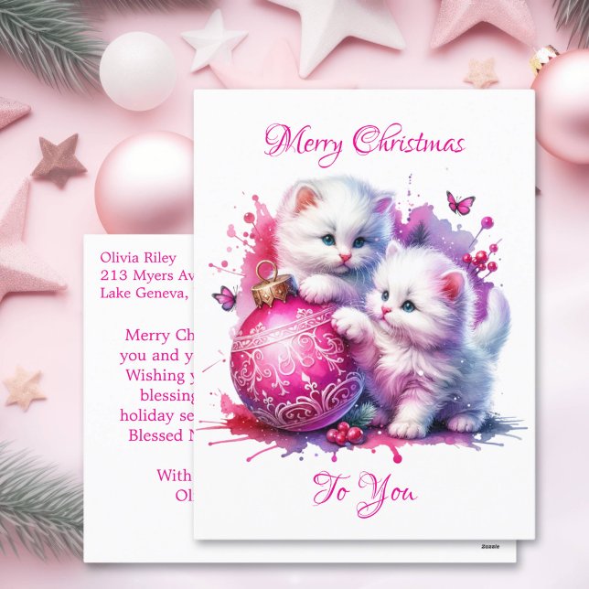 Cartão Postal De Festividades Doces White Kittens Natal Personalizado (Criador carregado)