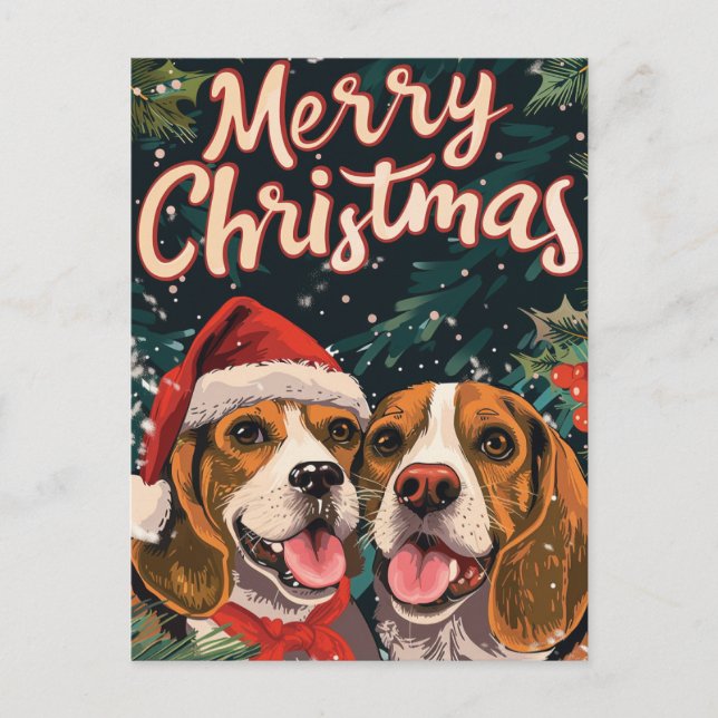 Cartão Postal De Festividades Dois Beagle Feliz Natal (Frente)