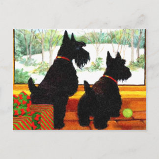 Cartão Postal De Festividades Dois cães escoceses à espera do Papai Noel