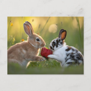 Cartão Postal De Festividades Dois Coelhos Bebês Compartilhando um Grande Morang