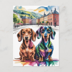 Cartão Postal De Festividades Dois Dachshunds Coloridos na Praça de uma Cidade E
