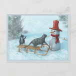 Cartão Postal De Festividades Dois gatos e um cartão-postal Snowman<br><div class="desc">Uma imagem com atmosfera de ontem. Também disponível como cartão de saudação.</div>