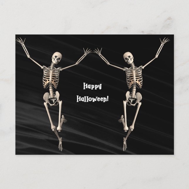 Cartão Postal De Festividades Dois Skeletons Dançantes Halloween Negro (Frente)