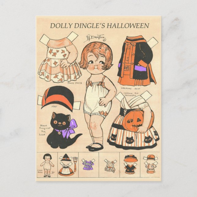 Cartão Postal De Festividades Dolly Dingle's Halloween Bonecas de Papel 🎎  (Frente)