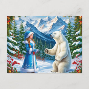 Cartão Postal De Festividades Donzela de Neve com Decoração Festiva e Urso Polar