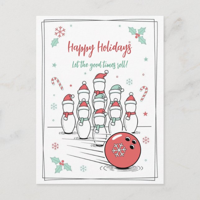 Cartão Postal De Festividades Doodle Christmas Bowling Holiday Greeting Cards (Frente)
