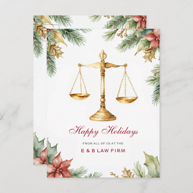 Cartão Postal De Festividades Dourada escala de justiça Holly Pine Lawyer Natal (Frente/Verso)