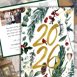 Cartão Postal De Festividades Dourado 2025 Pine Festiva de Natal Foto Vermelha B