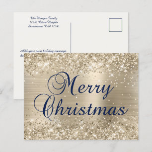 Cartão Postal De Festividades Dourado Brilhante Champanhe Folha de Naval Natal F