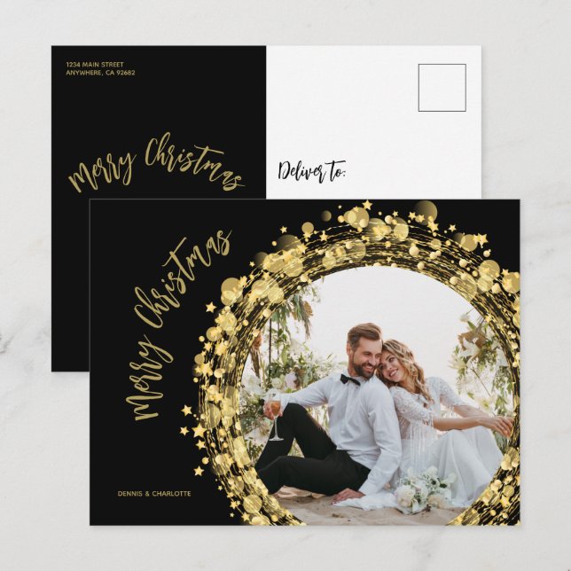 Cartão Postal De Festividades Dourado e negro Feliz Natal (Frente/Verso)