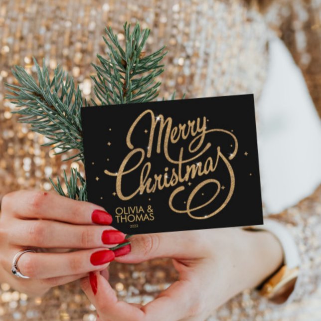 Cartão Postal De Festividades Dourado Preto Ousado Feliz Natal 2023 (Merry Christmas Elegant Black & Gold Script Holiday Postcard, Modern Minimalist Christmas Cards)