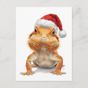 Cartão Postal De Festividades Dragão Barbudo com Chapéu de Papai Noel Aquarela