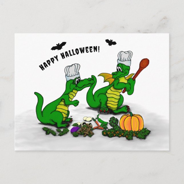 Cartão Postal De Festividades Dragões - Feliz Halloween! Hoje eu cozinho (Frente)