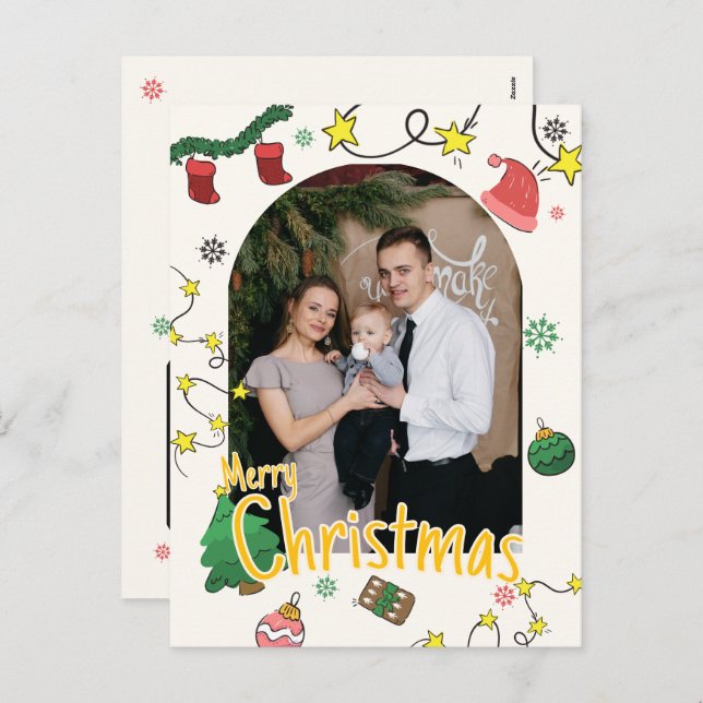 Cartão Postal De Festividades Draw Christmas Family Photo Greeting Card (Frente/Verso)