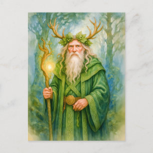 Cartão Postal De Festividades druida da floresta celta com coroa de chifre