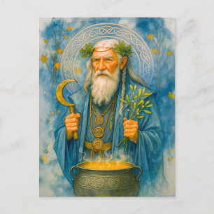 Cartão Postal De Festividades druida Sábio Celta com caldeirão mágico