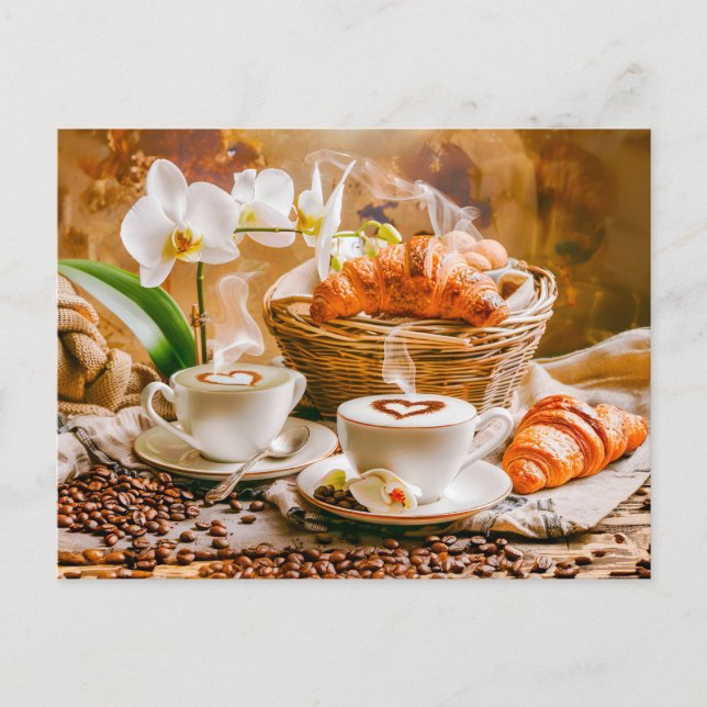 Cartão Postal De Festividades Duas cappuccinias com croissantes e orquídeas (Frente)