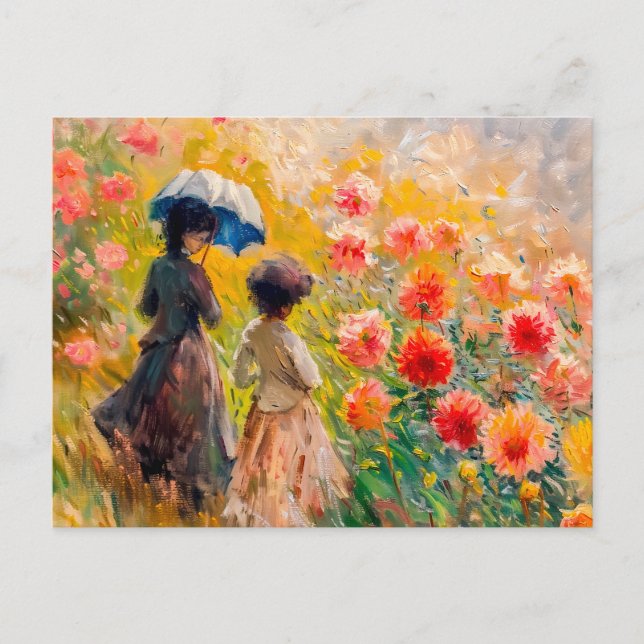 Cartão Postal De Festividades Duas mulheres no Dahlia flerbed (Frente)