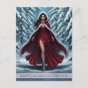 Cartão Postal De Festividades Duende de Natal Vermelho na Floresta Invernal Neva