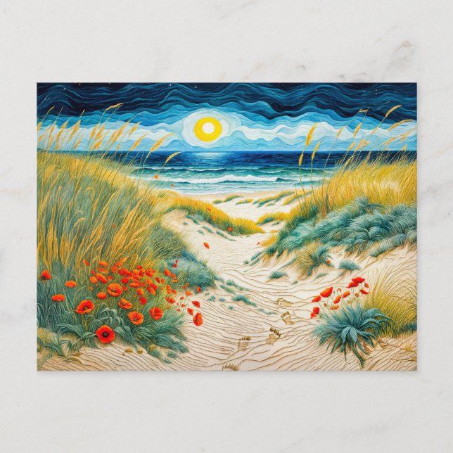 Cartão Postal De Festividades Dunas de Areia Costeira com Poppies e Pegadas (Frente)