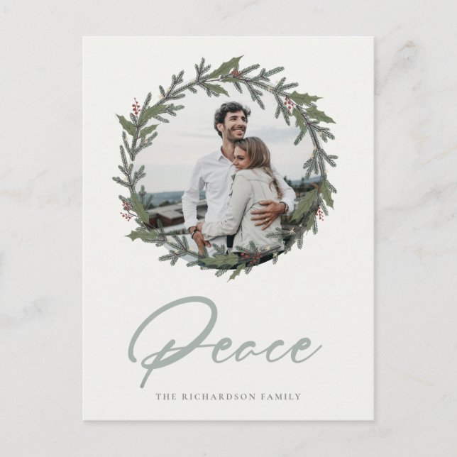 Cartão Postal De Festividades Dusky Sage Green Christmas Wreath Peace (Frente)