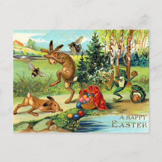 Cartão Postal De Festividades Easter Bunnies with Eggs (Frente)
